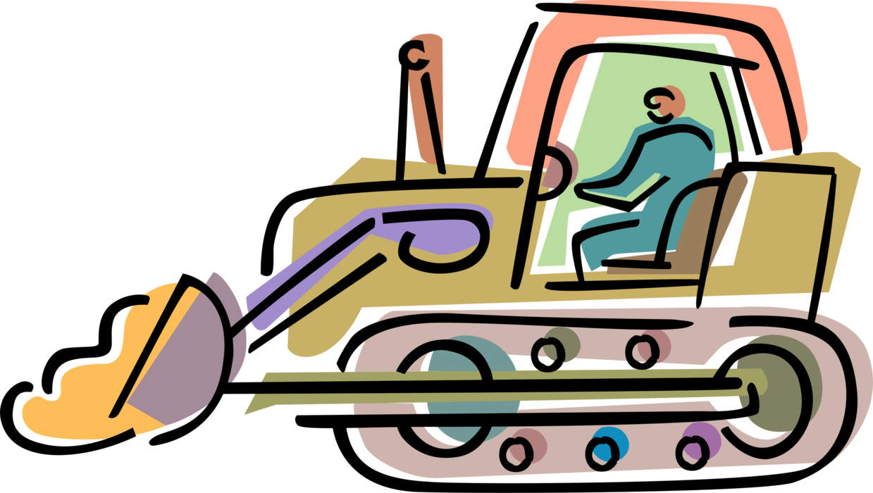 Vector Illustration of Construction Worker Operates Heavy Machinery Equipment Bulldozer
