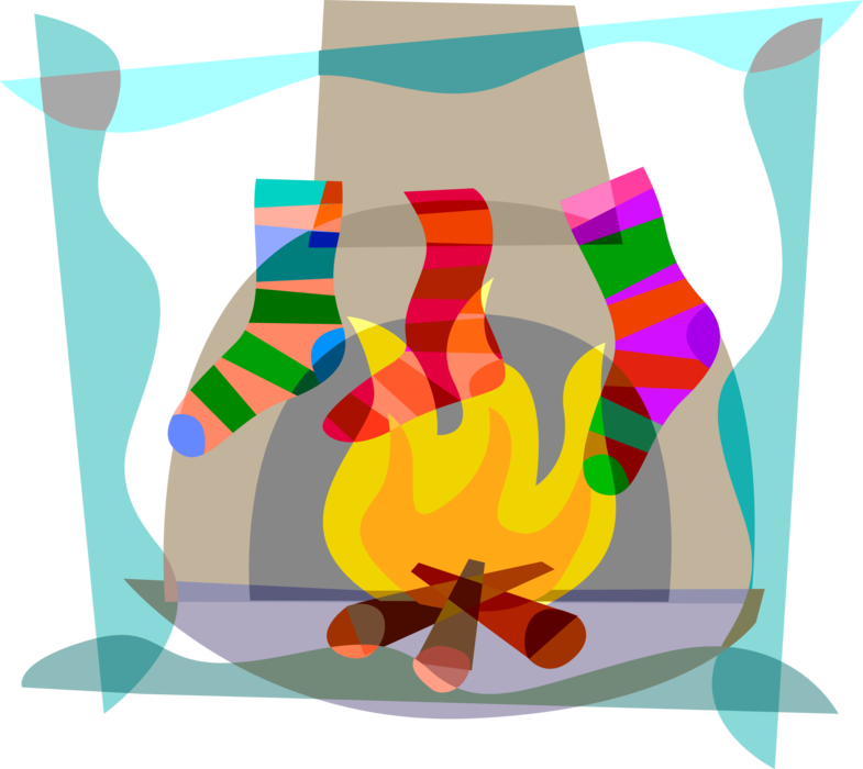 Vector Illustration of Festive Season Christmas Stockings Hung by Fireplace Hearth with Roaring Fire and Chimney
