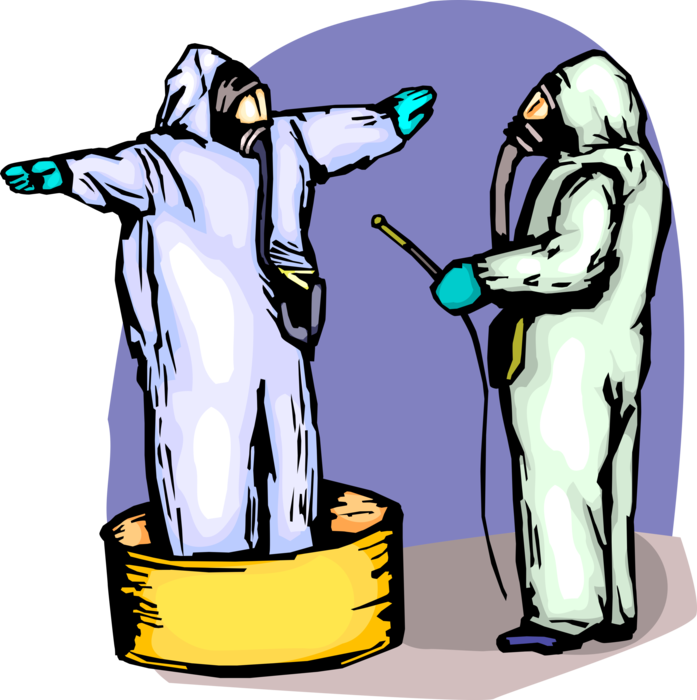 Vector Illustration of Homeland Security Personnel in Chemical Weapons Hazmat Suits with Decontamination Spray