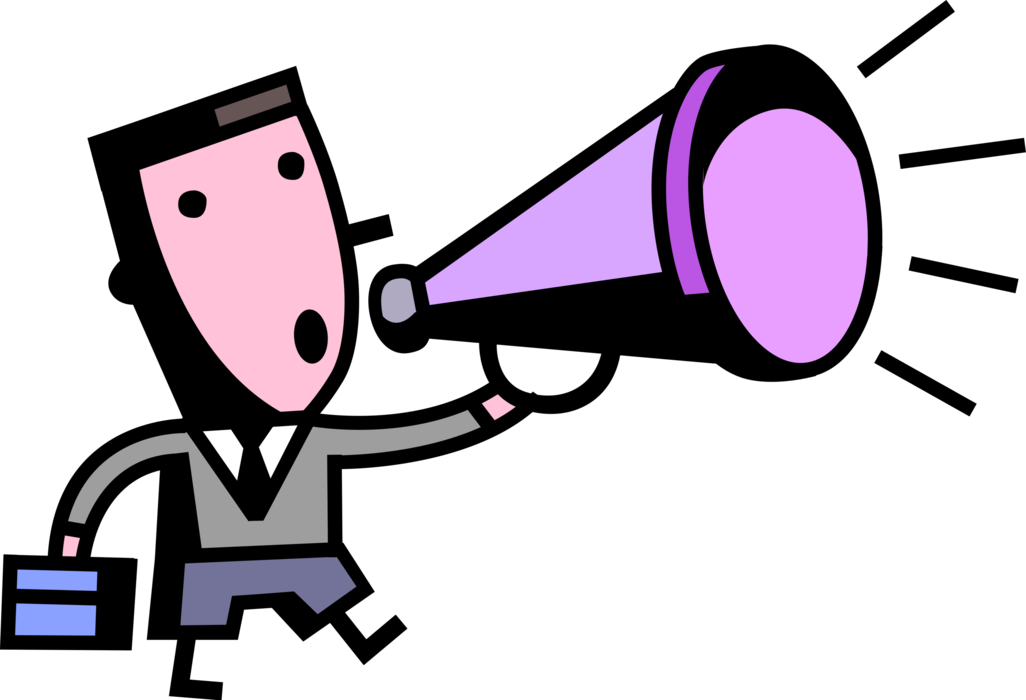 Vector Illustration of Businessman Broadcasts Message with Megaphone or Bullhorn to Amplify Voices