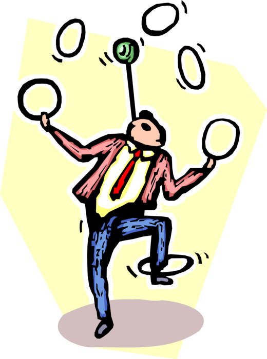 Vector Illustration of Multitasking Businessman Juggles Rings and Balances Ball