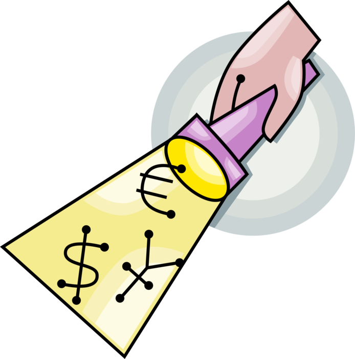 Vector Illustration of Investigative Hand with Flashlight Investigates International Finance Currencies Dollar, Yen, and Euro