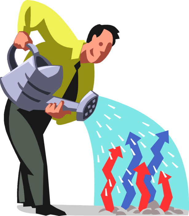 Vector Illustration of Businessman Gardener Waters Business Corporate Growth Chart Arrows with Watering Can