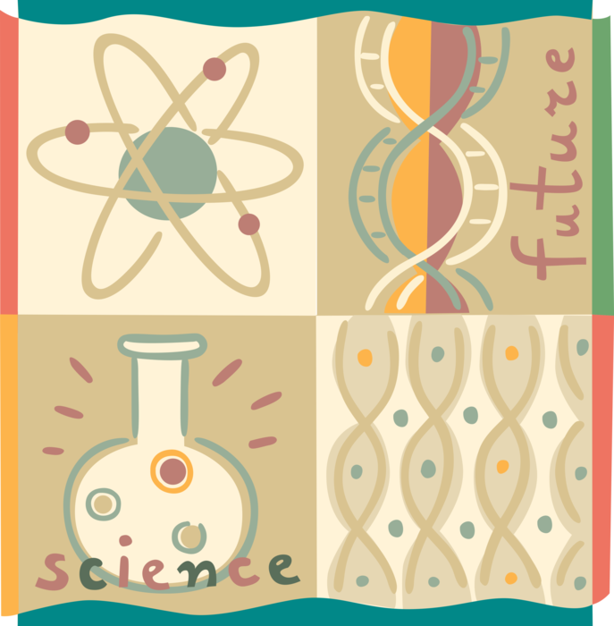 Vector Illustration of DNA Molecule Carrying Genetic Instructions with Science Beaker and Atom Nucleus with Protons