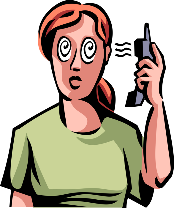 Vector Illustration of Confused, Baffled, Bewildered Woman Holds Cell Phone Mobile Telephone in Shocked Disbelief
