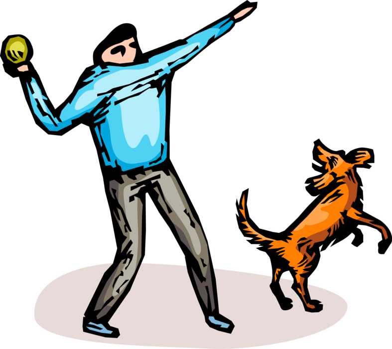 Vector Illustration of Adolescent Youth Plays Catch with Family Dog