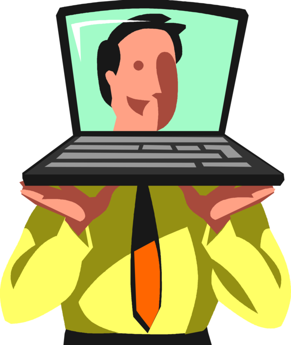 Vector Illustration of Satisfied Smiling Businessman Loves New Laptop Computer