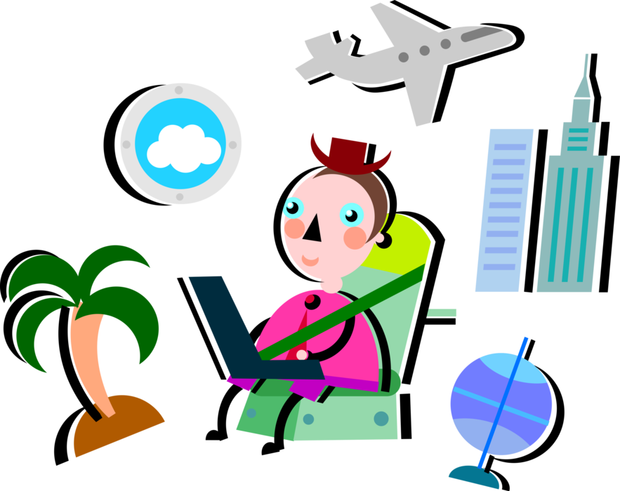 Vector Illustration of Commercial Airline Passenger Travels to Holiday Vacation Destination Onboard Jet Airplane Aircraft