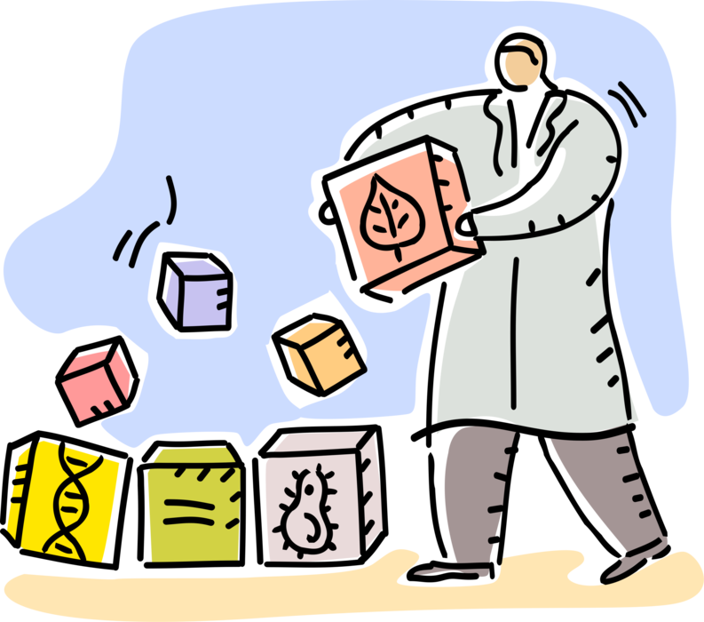 Vector Illustration of Scientist Researcher Constructs Hypothesis Proposed Explanation Based on Evidence from Building Blocks