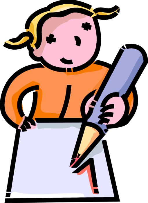 Vector Illustration of Primary or Elementary School Student Writes with Pencil Writing Instrument on Paper