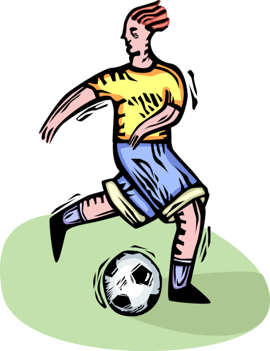 Vector Illustration of Sport of Soccer Football Player Kicks Ball on Soccer Pitch During Game