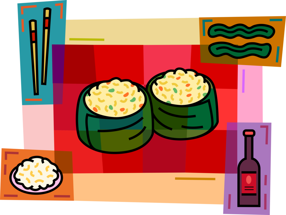 Vector Illustration of Japanese and Chinese Rice Bowl with Chopsticks and Soya Sauce