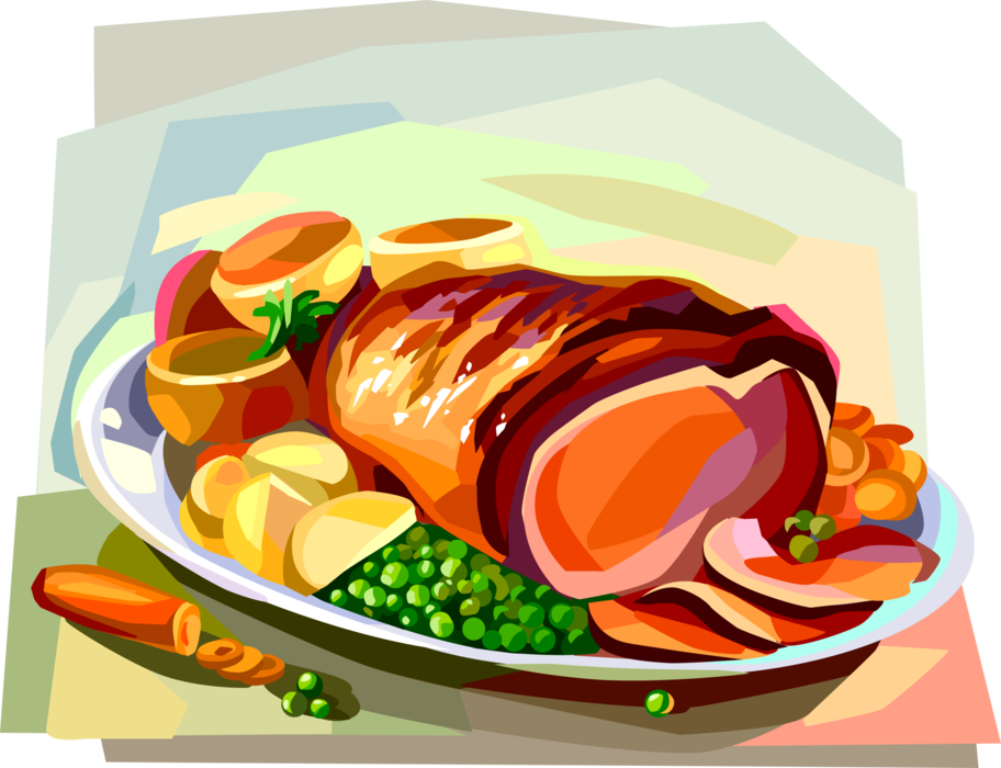 Vector Illustration of Traditional British Cuisine Dish, Prime Rib Roast Beef Dinner