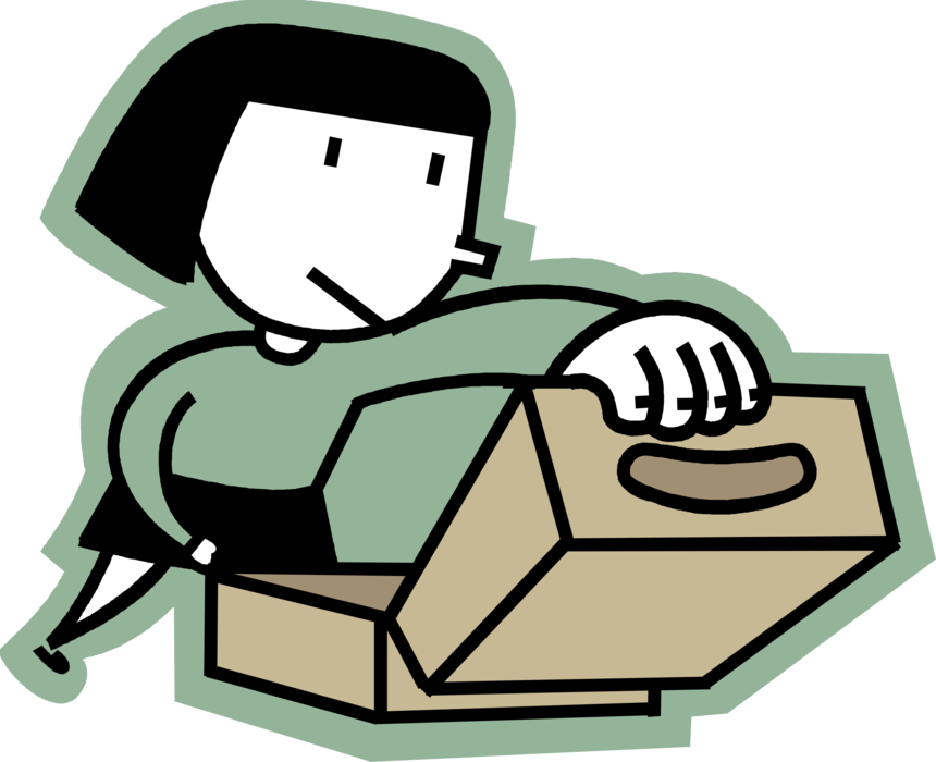 Vector Illustration of Businesswoman Opens Cardboard Box