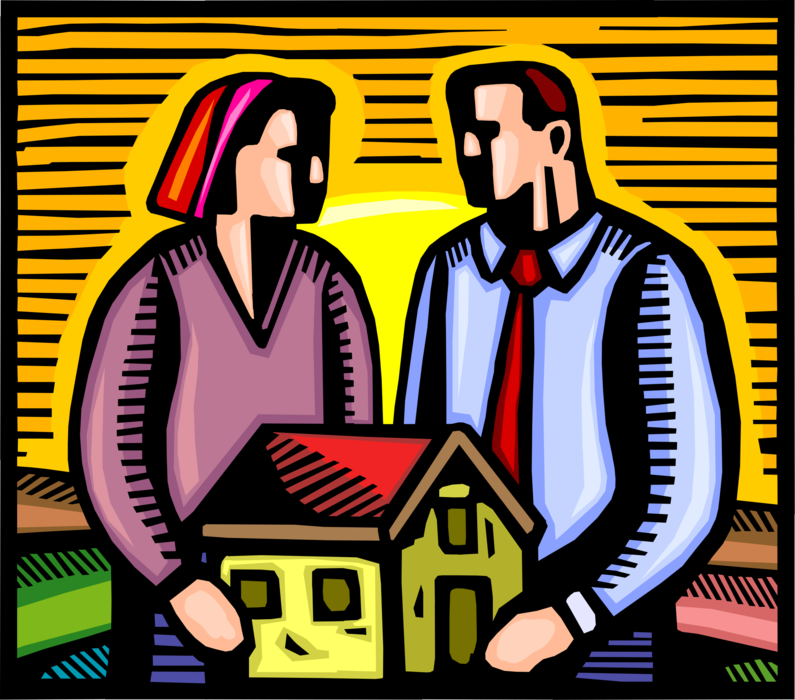 Vector Illustration of New Homeowners with Family Residence Home Receive Real Estate Mortgage Bank Financing