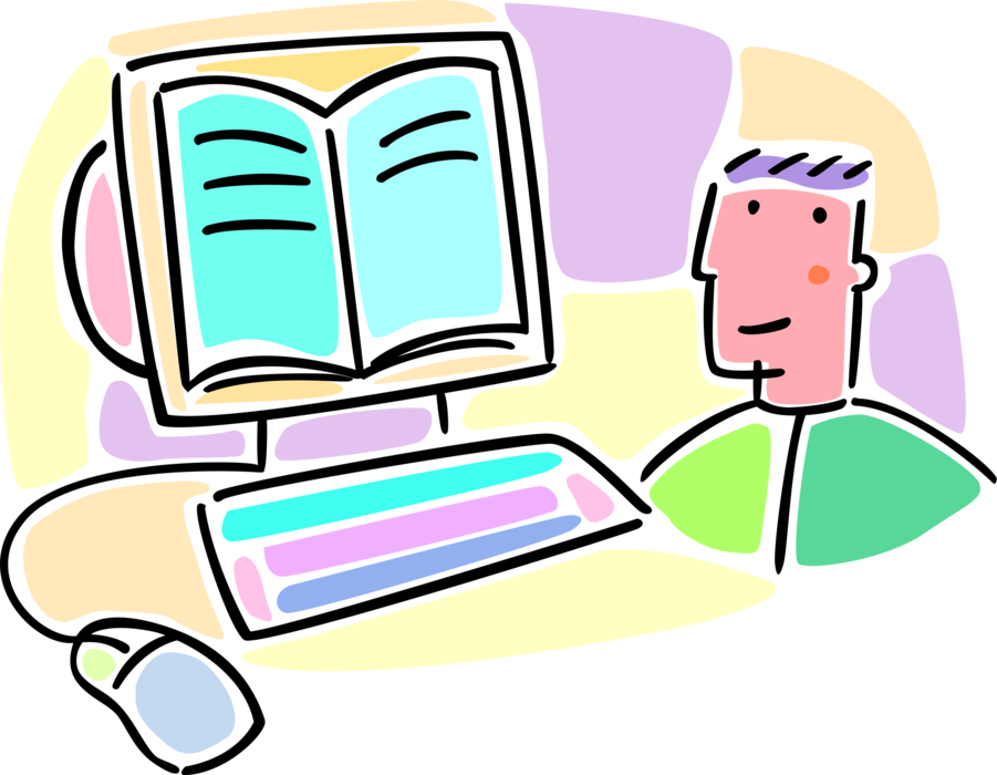 Vector Illustration of School Student Reads Book on Computer in Classroom