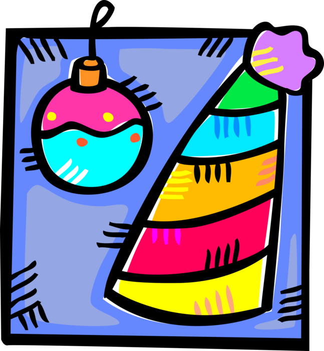 Vector Illustration of Party Hat and Christmas Tree Ornament Decoration