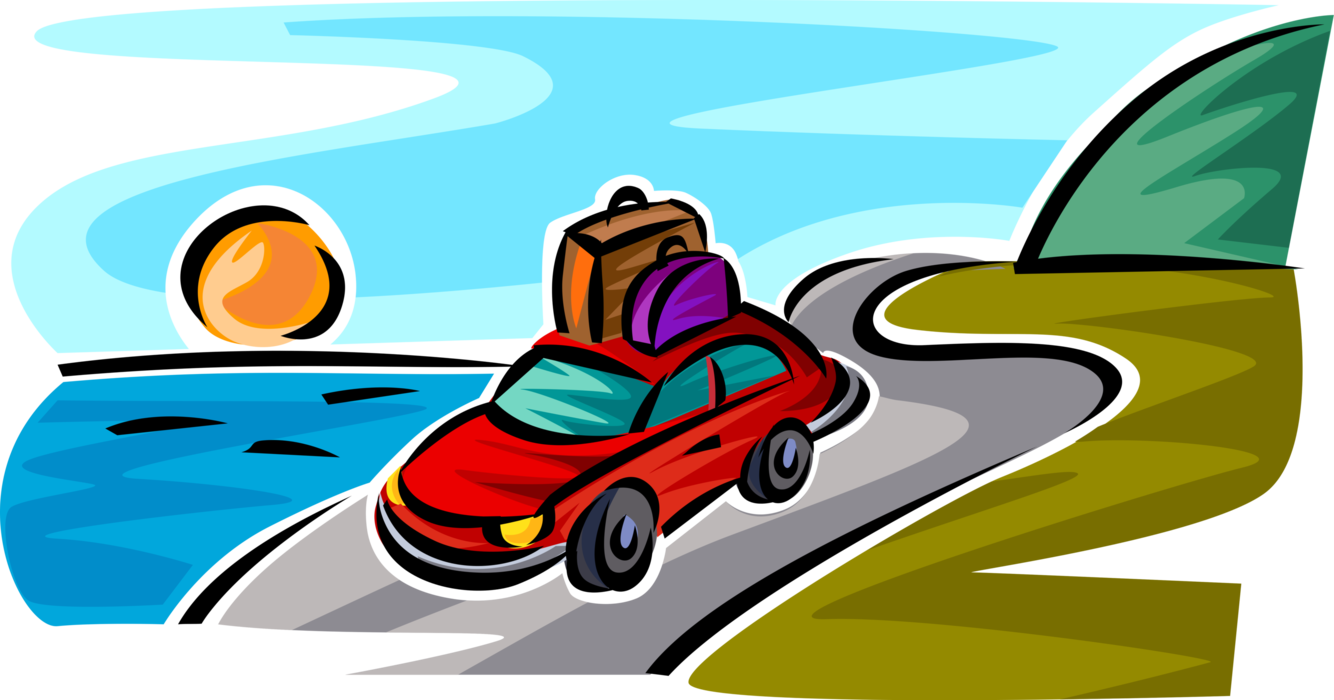 Vector Illustration of Family Vacation Automobile Car Travels Along Seashore with Luggage on Roof