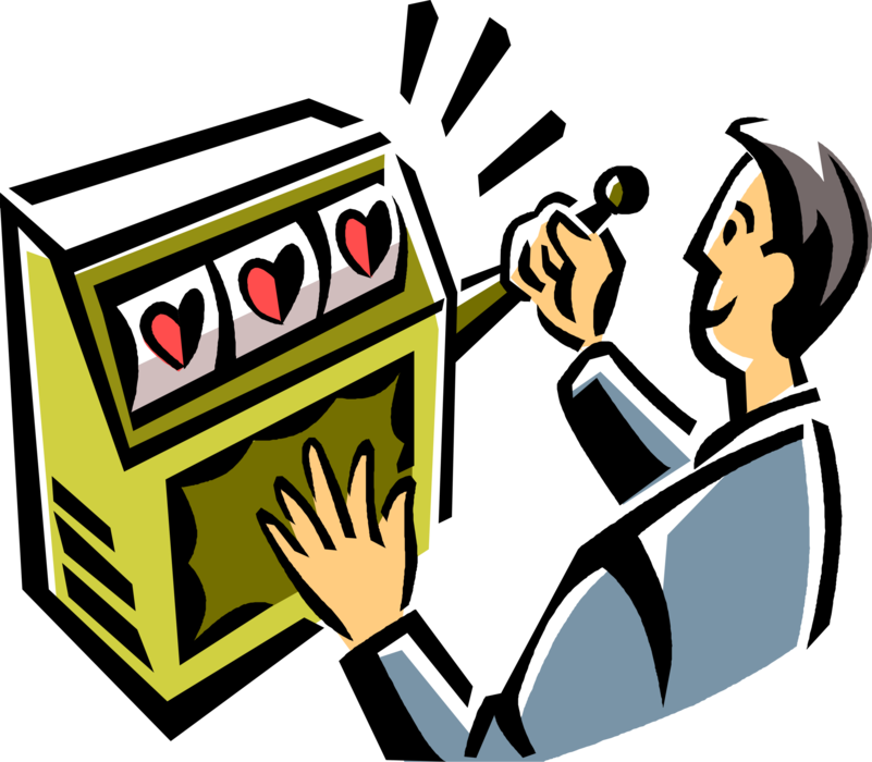 Vector Illustration of Romantic Amorous Man Hits the Jackpot of Love Playing Casino Slot Machine