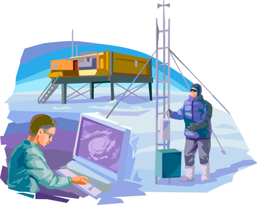 Vector Illustration of Arctic Scientific Research Scientists Study Effects of Climate Change on Ice and Snow