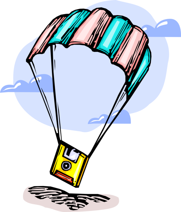 Vector Illustration of Floppy Disk Storage Media Parachuting to Earth in Parachute