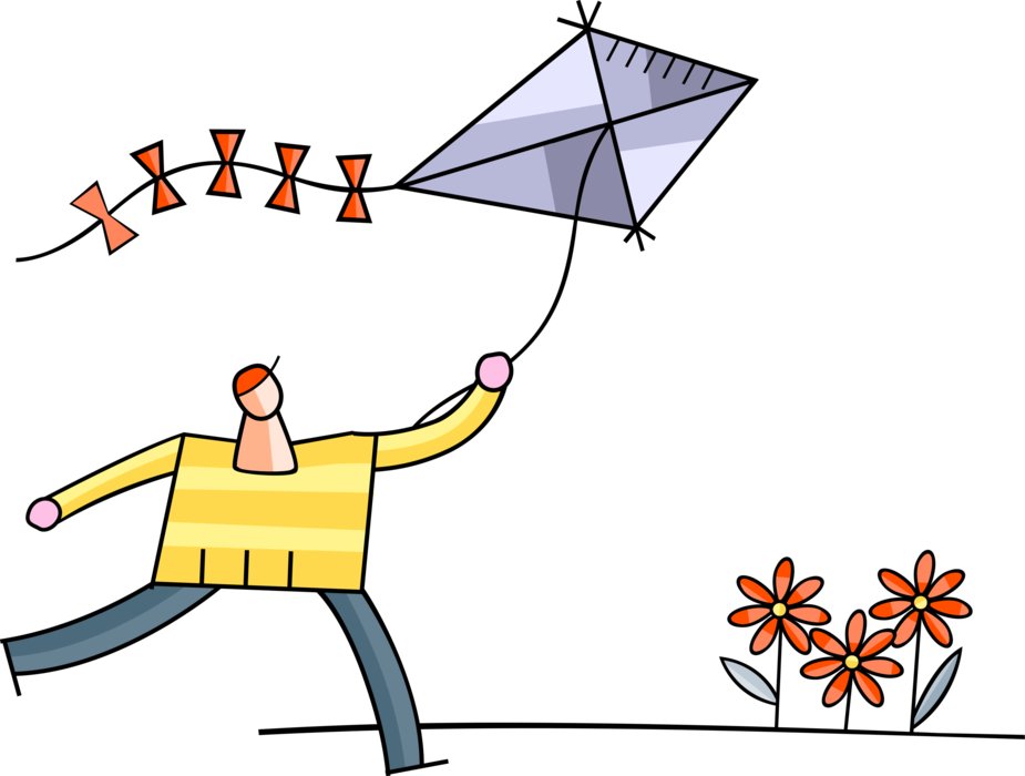 Vector Illustration of Young Boy Flies Tethered Heavier-than-Air Flying Craft Kite Outdoors