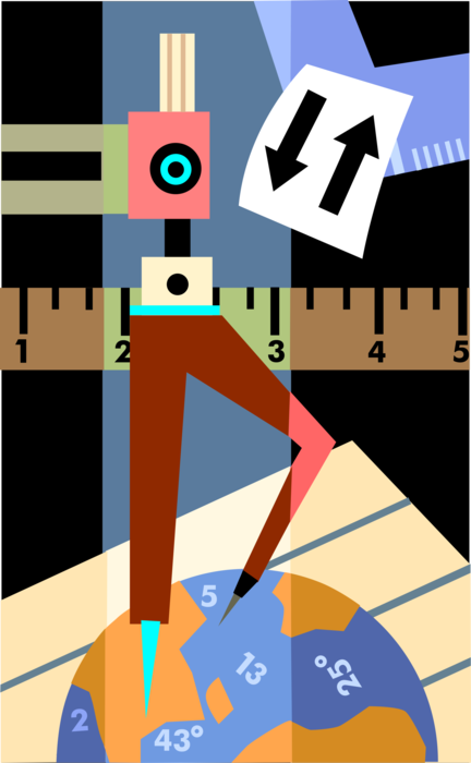 Vector Illustration of Geometry Compass for Measurement and Navigation with Geographic Map and Measurement Ruler