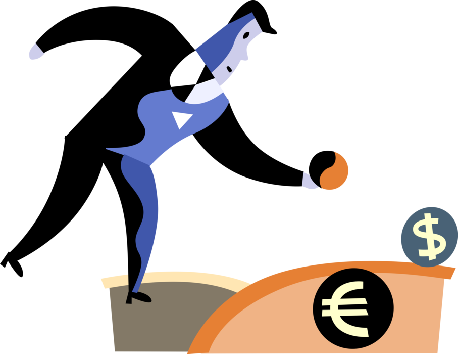 Vector Illustration of Businessman Plays Bocce Bocci Ball with Financial Cash Euro and Dollar Money Balls