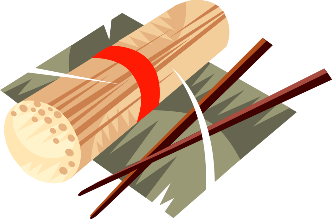 Vector Illustration of Japanese Vinegared Rice Sushi Roll with Chopsticks