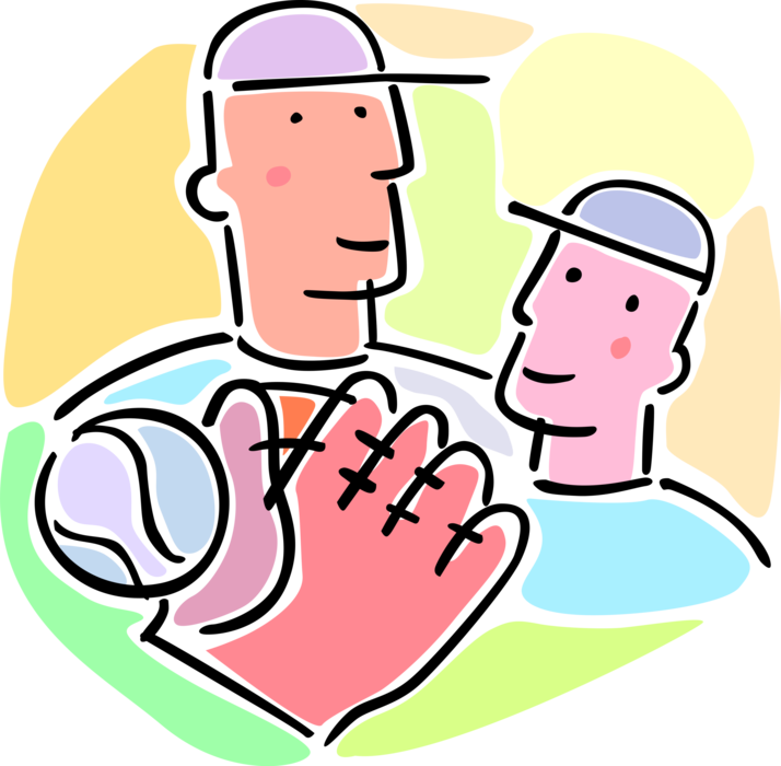 Vector Illustration of Coach Coaching Baseball Player with Glove and Ball
