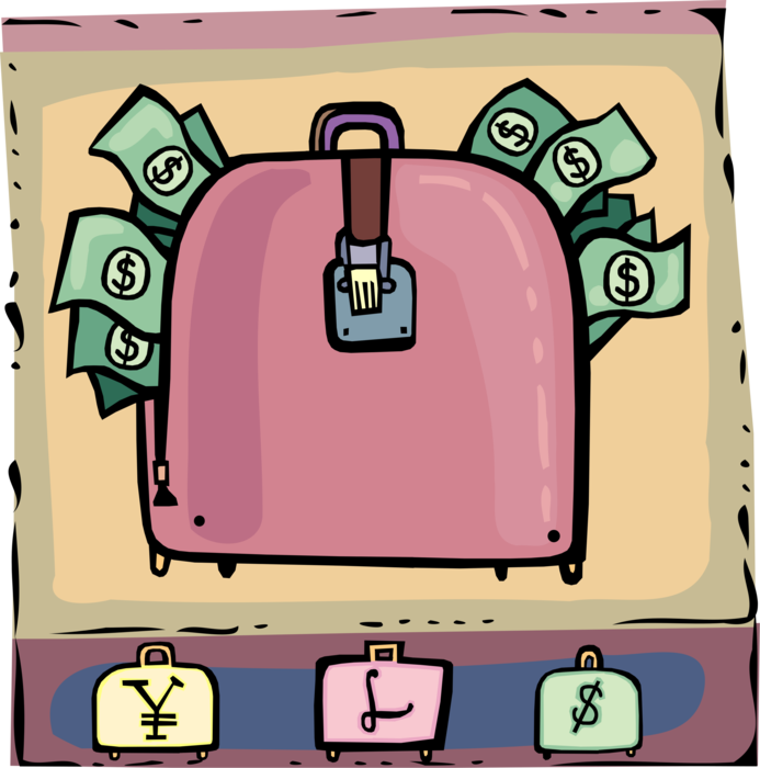 Vector Illustration of Briefcase or Attaché Portfolio Case Stuffed with Windfall Cash Profits from International Markets