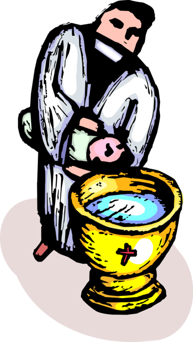 Vector Illustration of Christian Baptism Christening Ceremony with Minister Priest Baptizing Infant at Baptismal Font