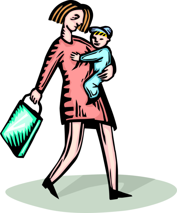 Vector Illustration of Mother with Child in Arms Arrive Home from Shopping Trip