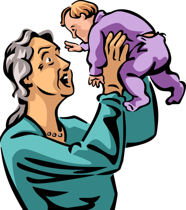 Vector Illustration of Senior Citizen Grandmother Plays with Infant Newborn Baby
