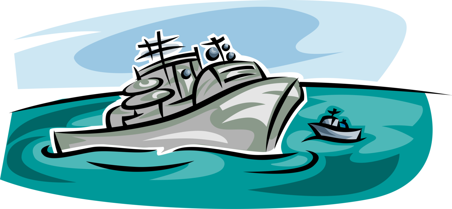 Vector Illustration of United States Navy Warship Monitors Imminent Threat from Small Watercraft Vessel Boat