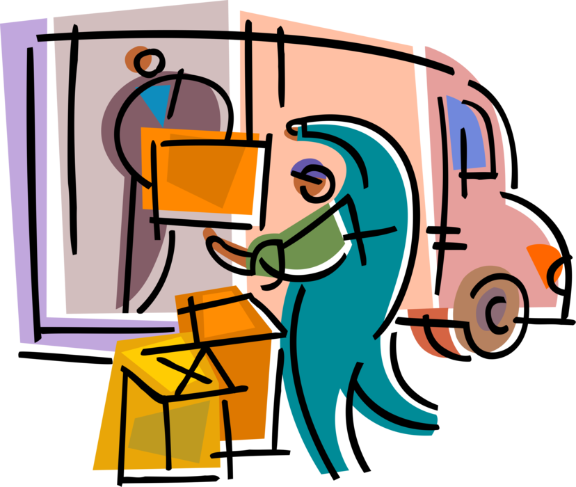 Vector Illustration of Overnight Courier Delivery Service Delivers Small Package Boxes in Transport Truck Vehicle