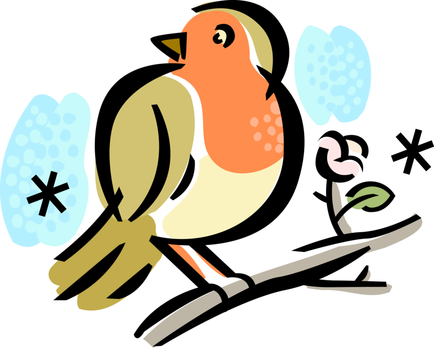 Vector Illustration of Robin Bird Stands on Tree Branch