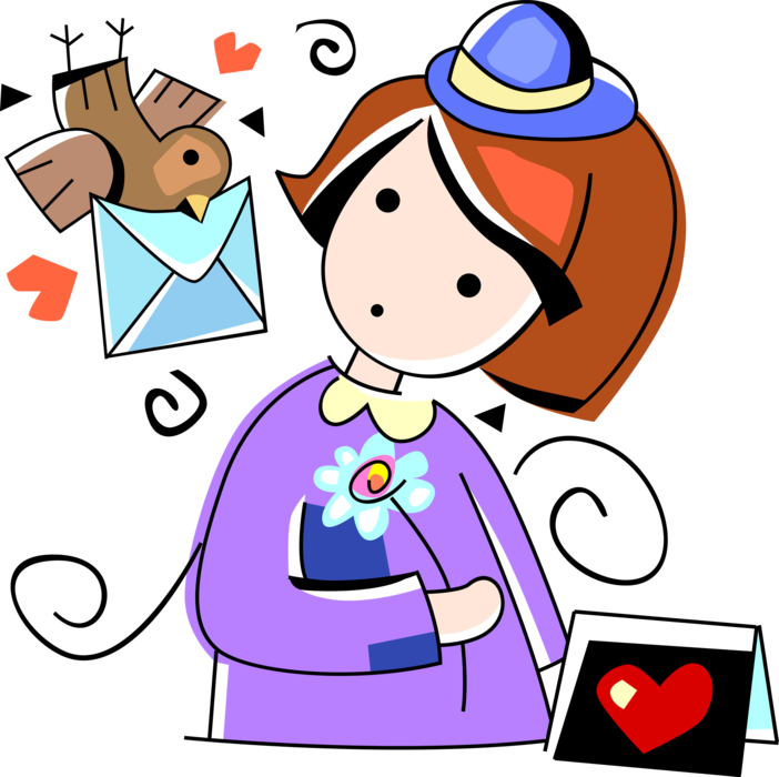 Vector Illustration of Girl Receiving Valentine's Day Romantic Greeting Card Letter Envelope from Love Bird