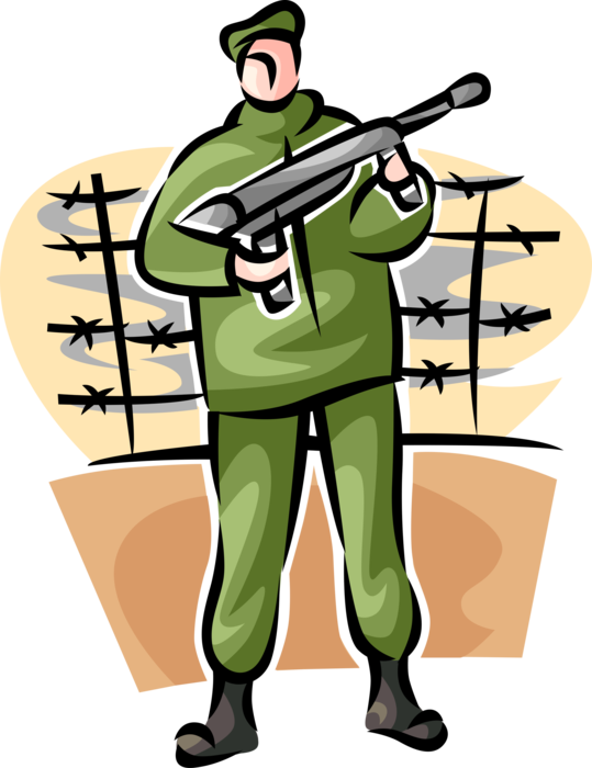 Vector Illustration of Heavily Armed United States Marine Stands Guard with Machine Gun and Barbed Wire