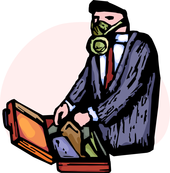 Vector Illustration of Businessman Wears Protective Gas Mask with Travel Baggage Suitcase