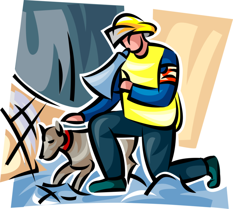 Vector Illustration of Emergency Worker with Search and Rescue Sniffer Dog Searches Earthquake Rubble for Survivors
