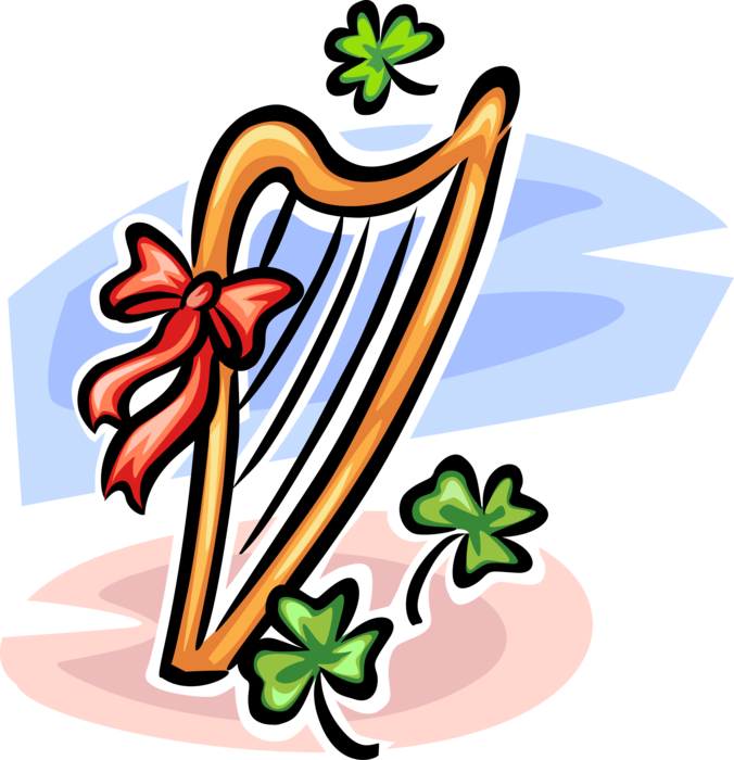 Vector Illustration of Clàrsach Gaelic Harp Celtic Harp Stringed Musical Instrument with Shamrocks