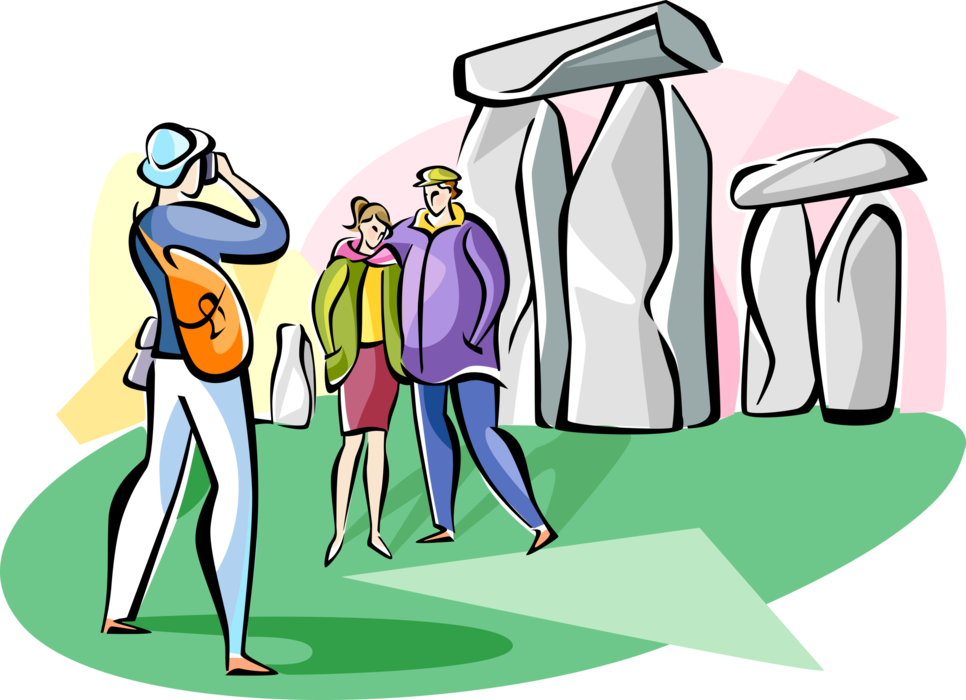 Vector Illustration of Tourist at Stonehenge Prehistoric Monument, Wiltshire, England