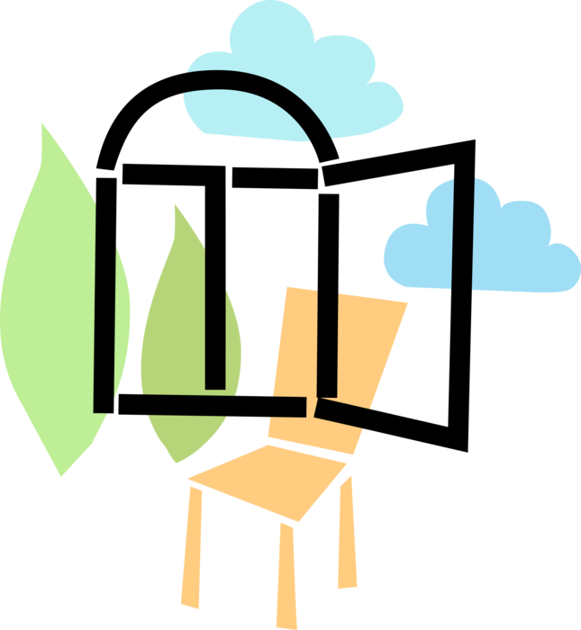 Vector Illustration of Window Opening in Wall Allows Passage of Light with Chair, Clouds and Vegetation Trees