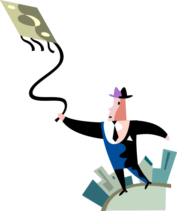 Vector Illustration of Businessman Flies Financial Money Kite Outdoors