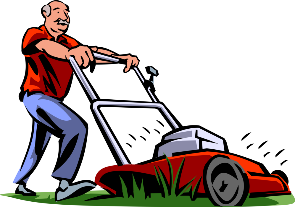 Vector Illustration of Retired Elderly Senior Citizen Keeps Fit with Yard Work Lawn Mower Cutting Grass
