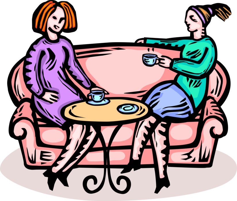 Vector Illustration of Two Women Enjoy Coffee Talk Conversation on Comfortable Sofa Couch Furniture