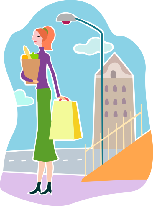 Vector Illustration of Supermarket Grocery Store Shopper Carries Home Bag of Groceries