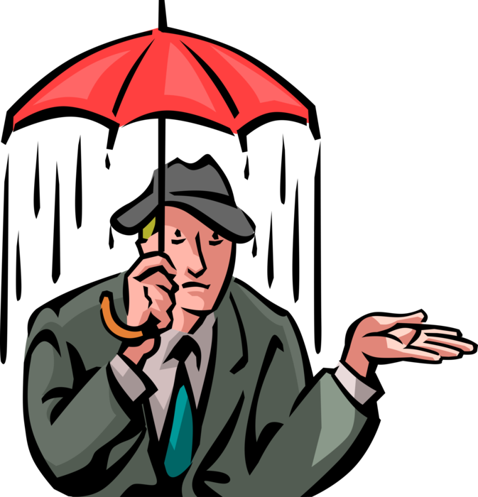 Vector Illustration of Businessman Caught in Pouring Rain Storm with Umbrella