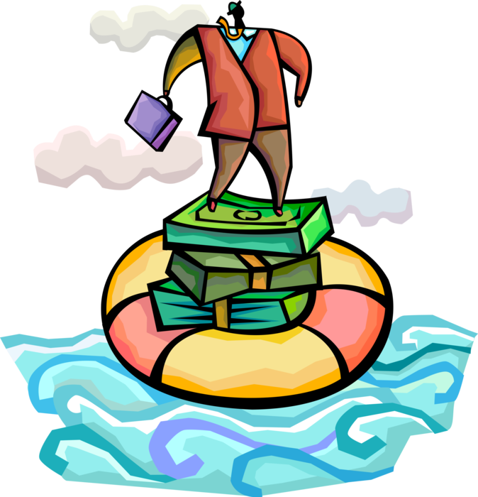 Vector Illustration of Businessman Stands on Financial Money Life Preserver Flotation or Floatation Ring on Ocean
